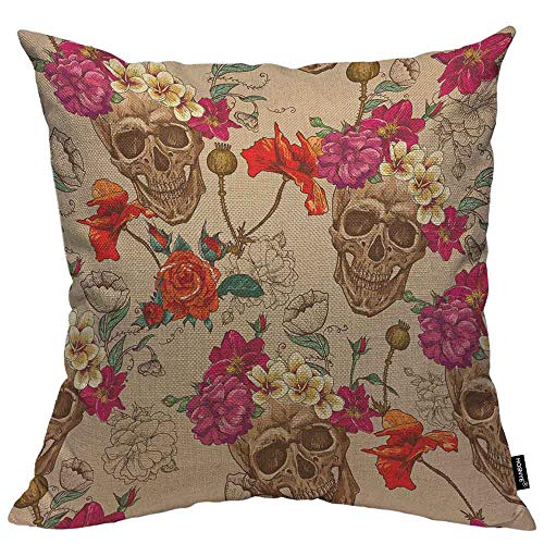 HOSNYE Skull and Flowers Throw Pillow Case Cushion Cover Sugar Skull Smiles Mexican Festival Halloween Cotton Linen for Couch Bed Sofa Car 24x24 inch
