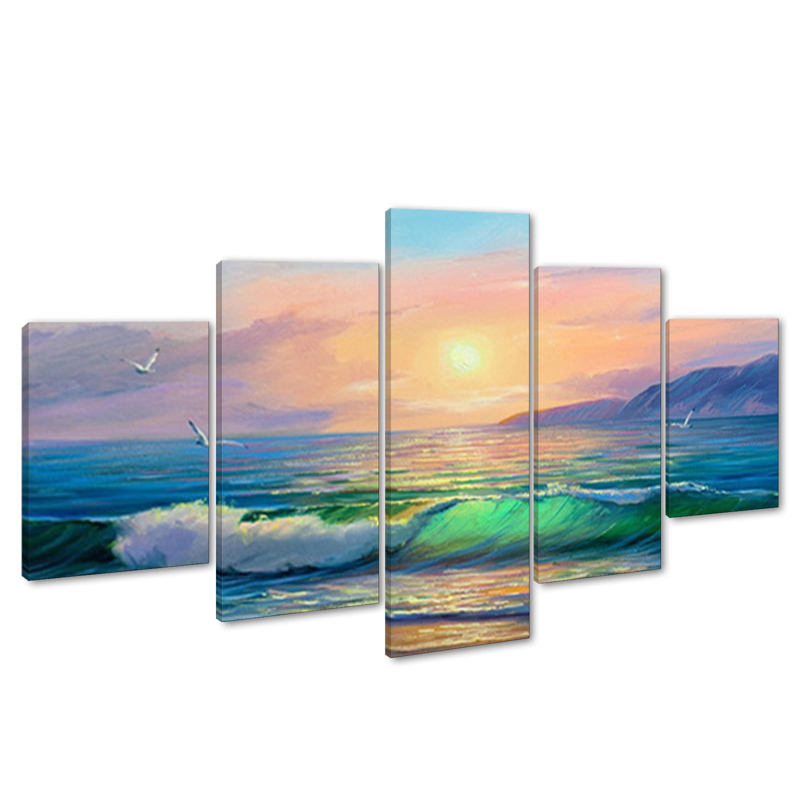5 Pieces Nature sea Landscape Cloud Ocean Sea Sky Scenery Canvas Wall Art Ocean Sunrise Paintings Framed Ready to Hang-60x32 inches