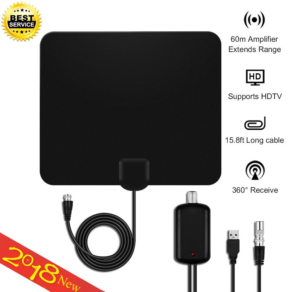 TV Aerial,50Miles Range Freeview Indoor HDTV Antenna for Digital TV with Detachable Amplifier Signal Booster,2018 USB Powered Supply Antenna and 13Ft Coax Cable for 4K 1080P- Black