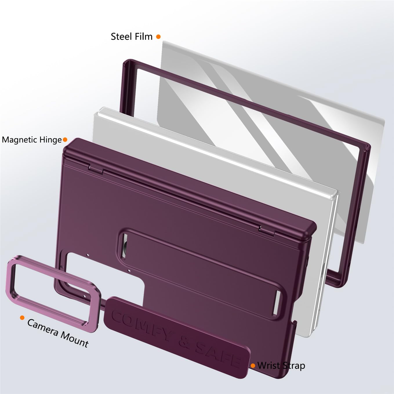 Etui do Galaxy Z Fold 8 z paskiem, zintegrowana folia ochronna, podpórka, uchwyt na nadgarstek, magnetyczny zamek błyskawiczny, pokrowiec na nadgarstek do Samsung Galaxy Z Fold8-czerwony