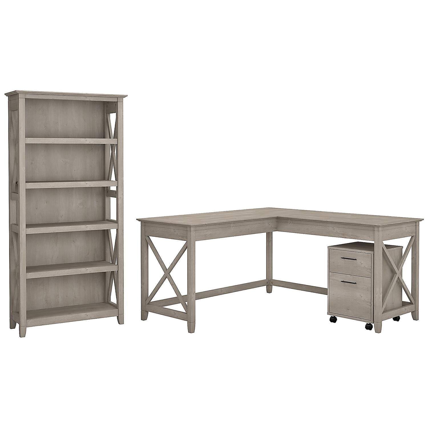 Maykoosh 60W L Shaped Desk with Mobile File Cabinet and 5 Shelf Bookcase in Washed Gray, Space-Saving Design, Durable Work Surface and Stylish Storage Solution