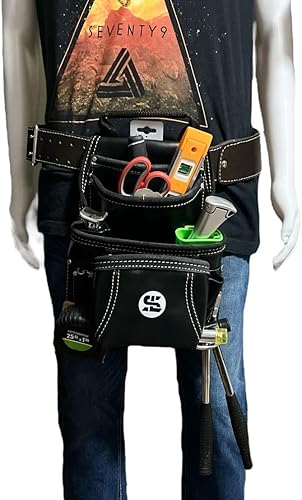 Miniatura 6 de Versátil bolsa de herramientas de cuero de grano superior de 10 bolsillos con martillo y soporte de cinta, accesorio para cinturón, ideal para