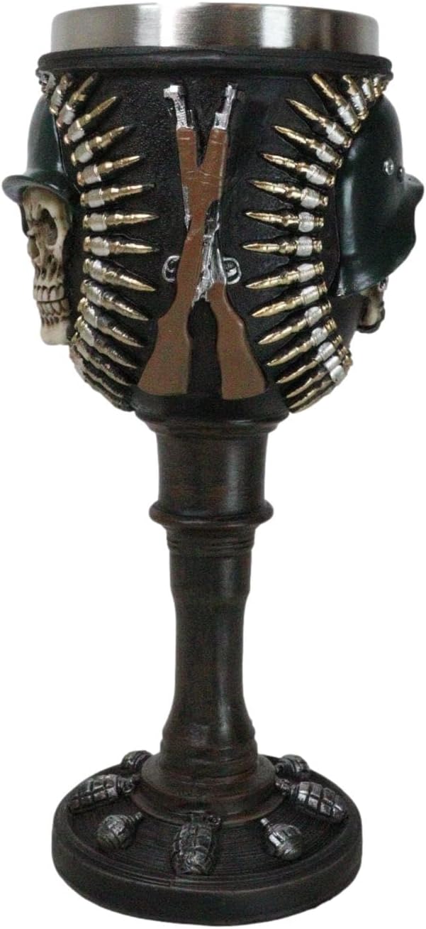 Ebros Gift War Dog Skeleton Cranium Army Platoon Soldier Skull With Helmet Bullets And Rifles Beverage Wine Goblet Chalice Drinkware Serveware Ossuary Macabre Halloween Decorative Accent