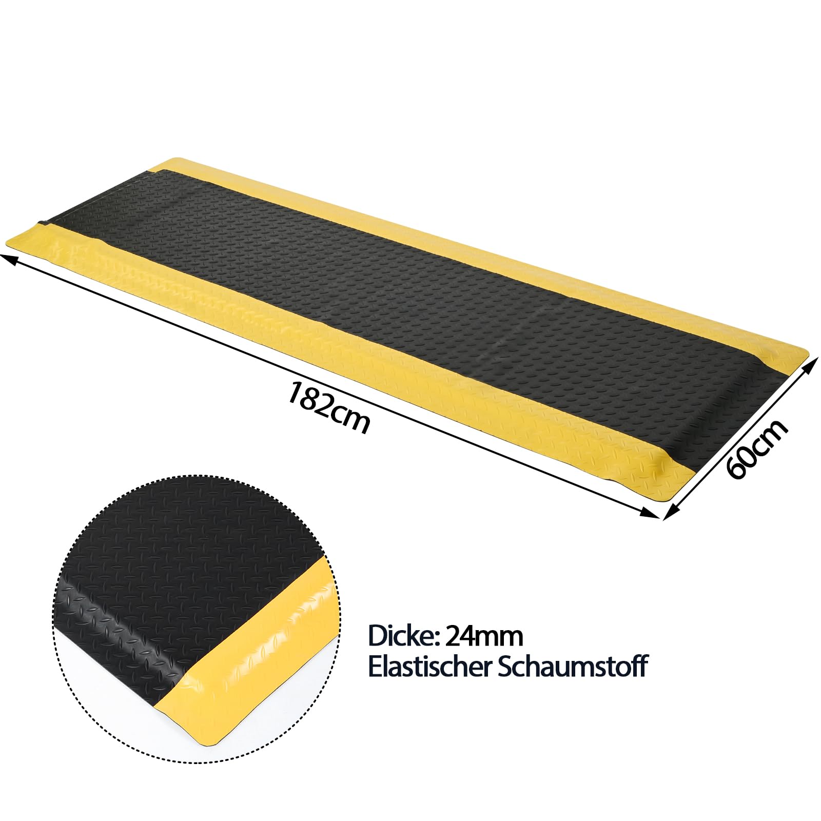 tonchean Tapis anti-fatigue - 60 x 182 cm - Tapis de travail ergonomique en mousse PVC - Pour banc de garage - Noir et jaune