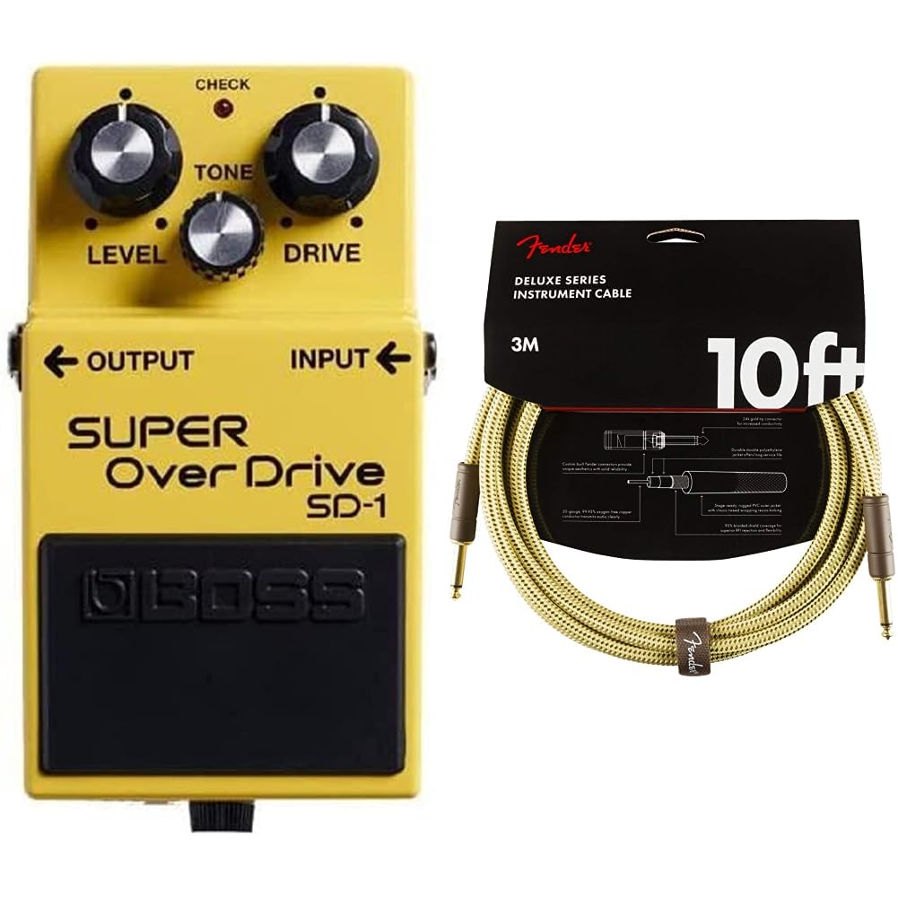 Pédale Super OverDrive SD-1 BOSS, une pédale d'Overdrive compacte aux sons doux et chaleureux & Fender câble pour instrument Deluxe Series tweed - 3 mètres - droit/coudé