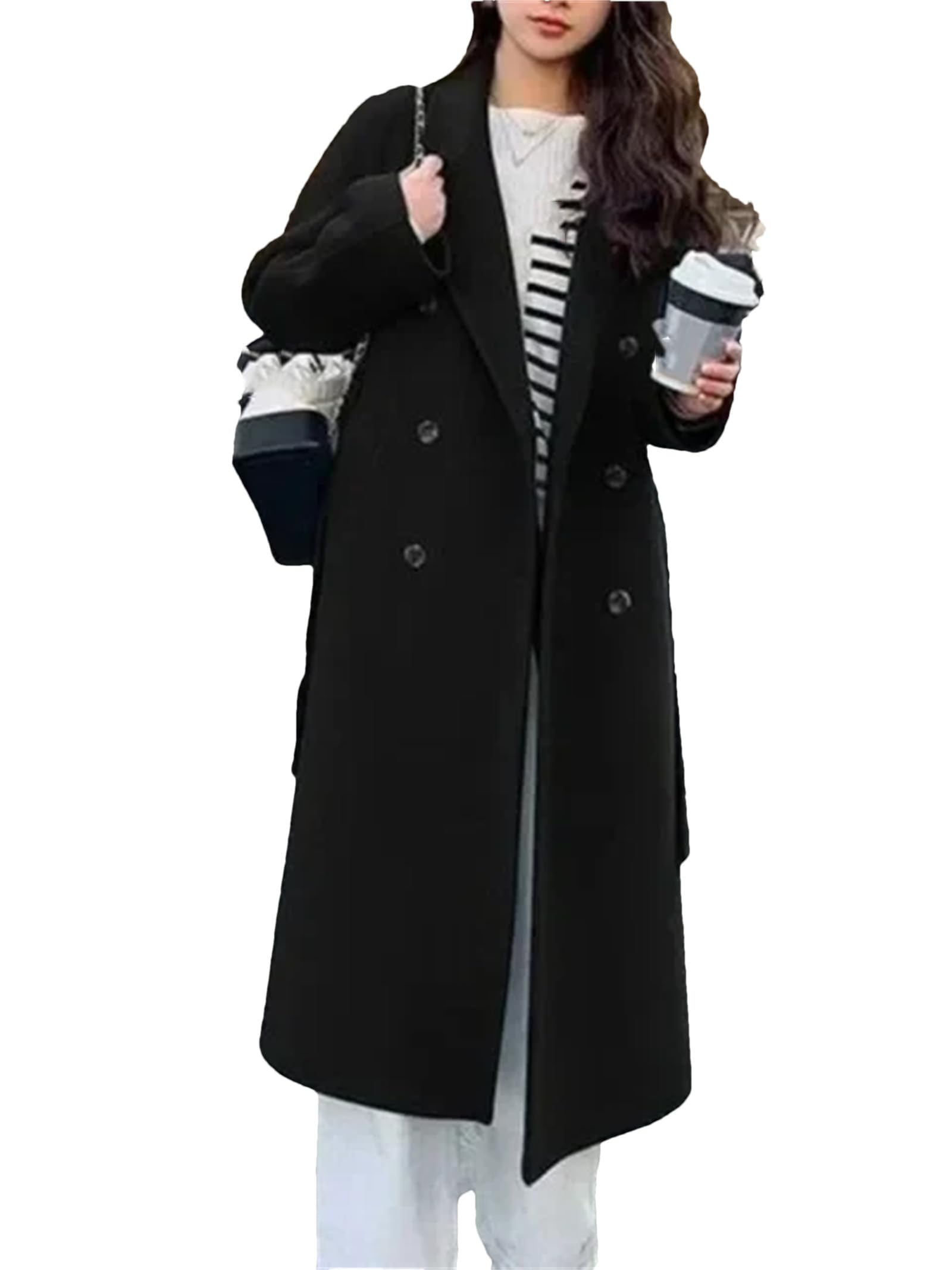 Abrigo de lana coreano suelto para mujer, elegante, liso, abrigo largo con cinturón, abrigo largo delgado y cálido