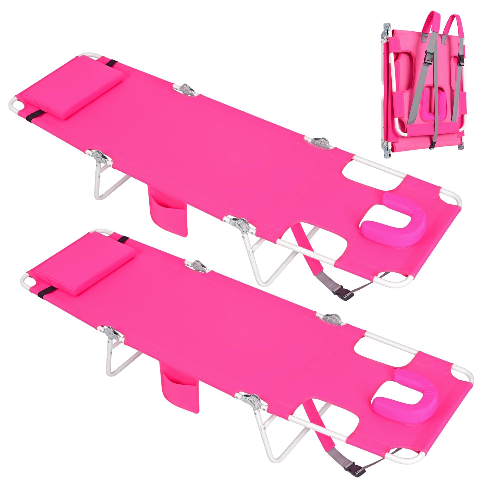 Photo 1 of 2 Pack Backpack Beach Tanning Lounge Chair with Face Hole, Folding 6 Position Reclining Face Down Tanning Chair for Adults Outside Poolside Reading Sunbathing Camping, Pink, Supports 250lbs