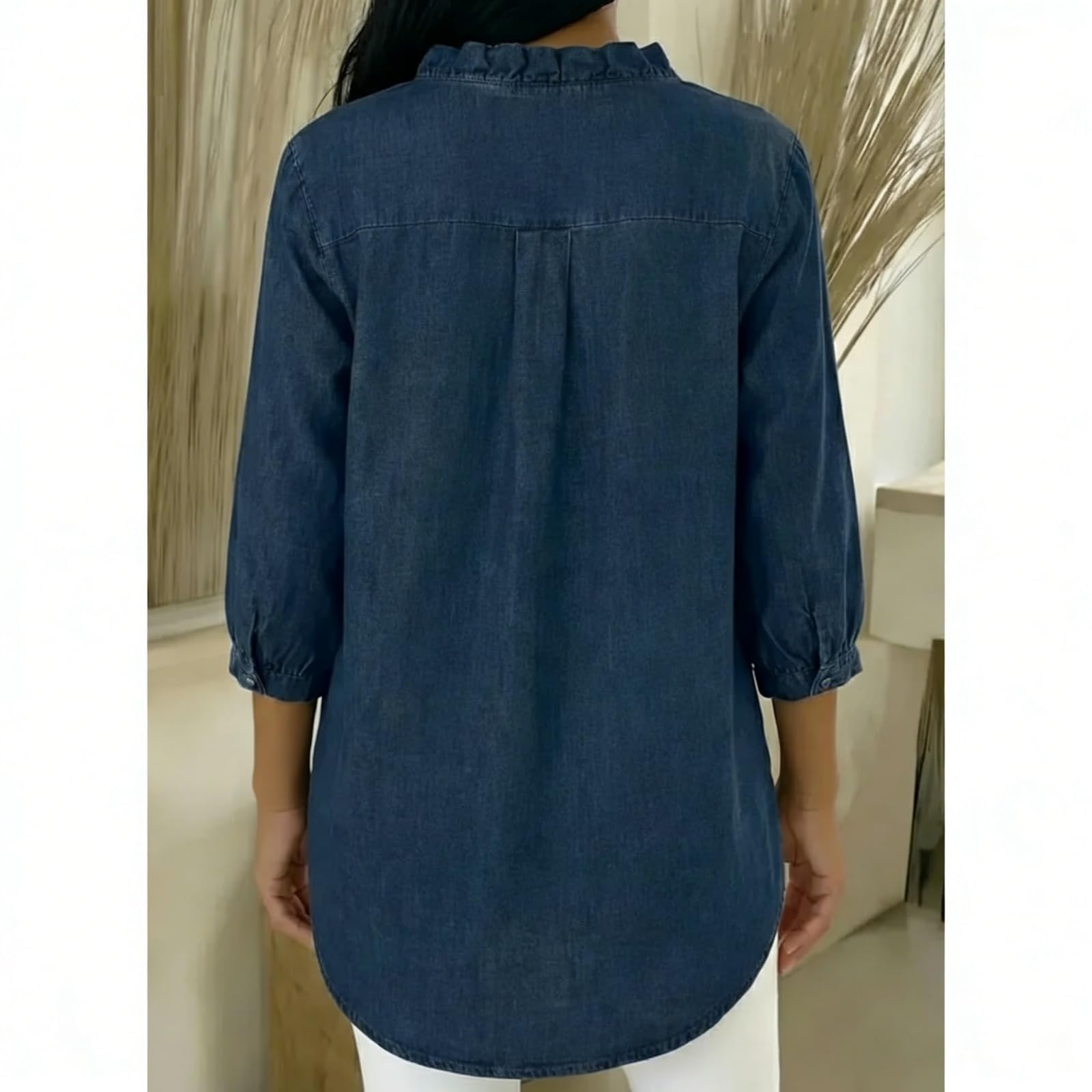 Camicia in jeans da donna con scollo a V, maniche a 3/4 arrotolabili, stile casual, con scollo a V e balze