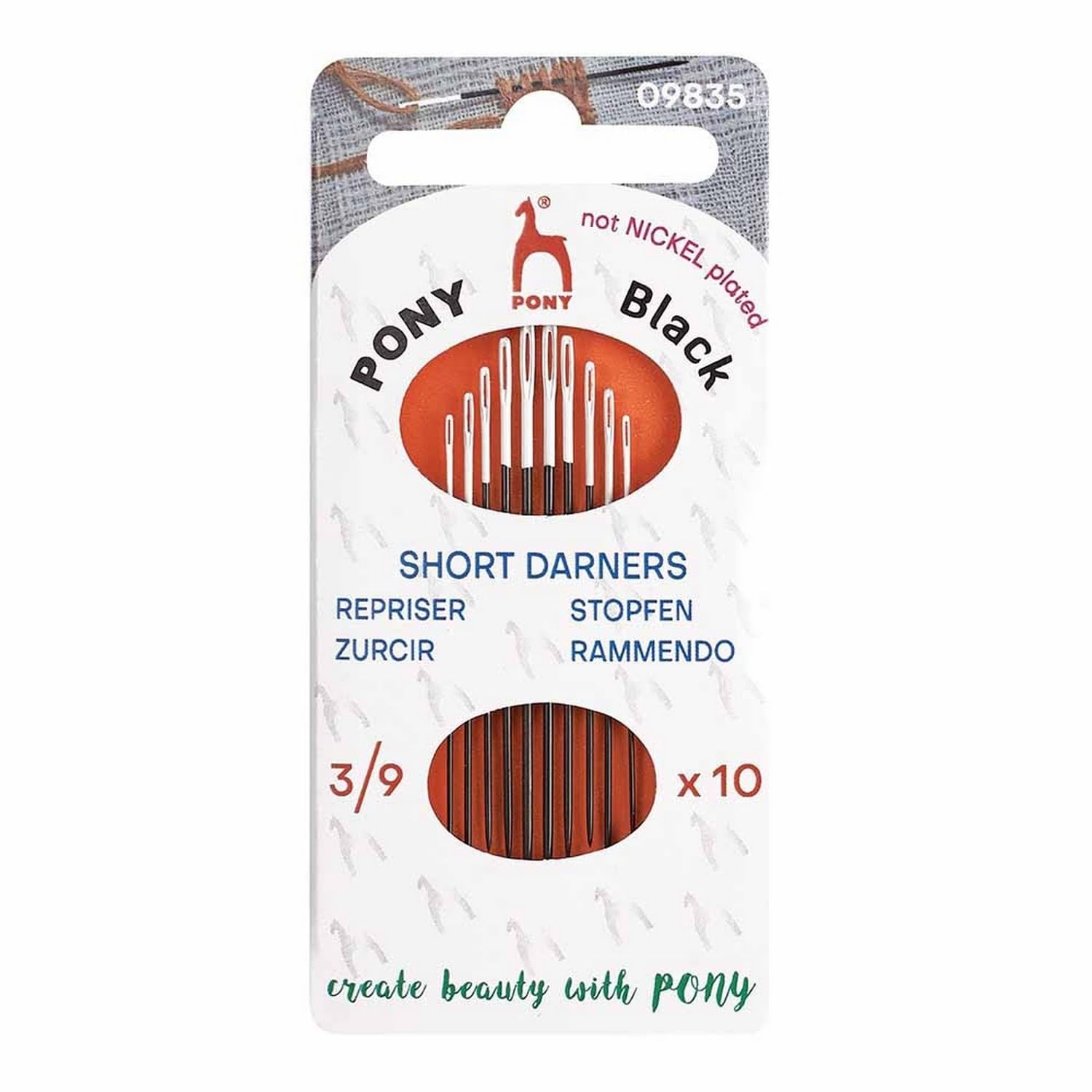 Pony Bianco Occhio - Black Short Darners Matte Finish (No. 3-5-7-9) Hand Sewing Needles With White Eye - 10 Needles