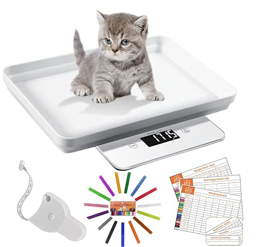Básculas digitales para animales pequeños para pesar con cinta métrica, collares y hojas de registro, bandeja desmontable para cachorros con alta