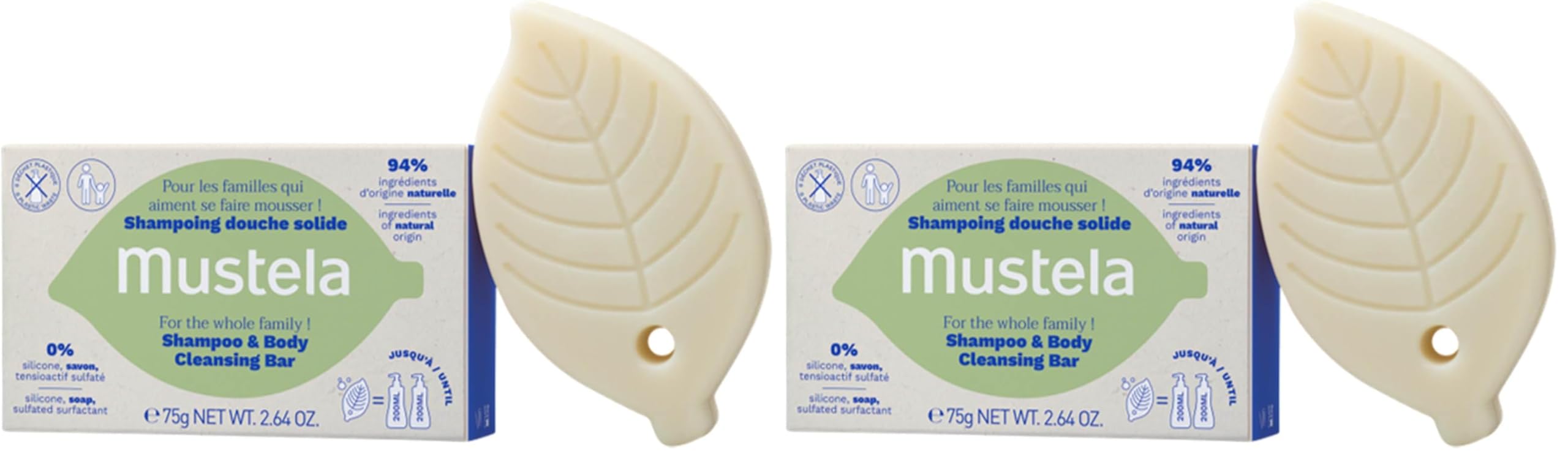 Mustela Shampooing et Nettoyant Solide Vegan, à l'huile d'olive et d'avocat, corps et cheveux, enfants + 3 ans et toute la famille - Nettoyage doux, 94% d'ingrédients d'origine naturelle (75g)