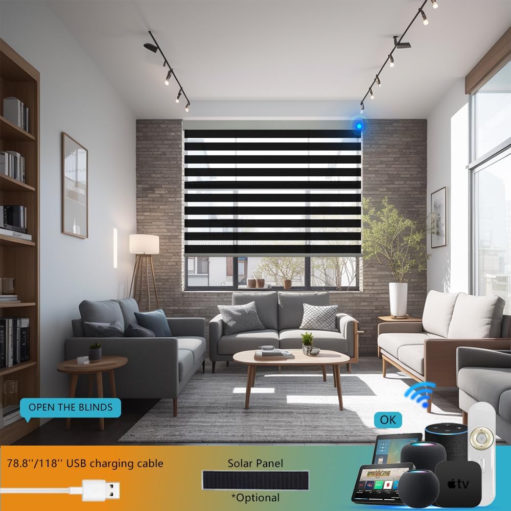 Motorized Zebra Blinds with Remote Light Filtering Automatic Smart Blinds for Windows Electric Dual Layer Horizontal Shades Work with Homekit Customized(Pure Black)