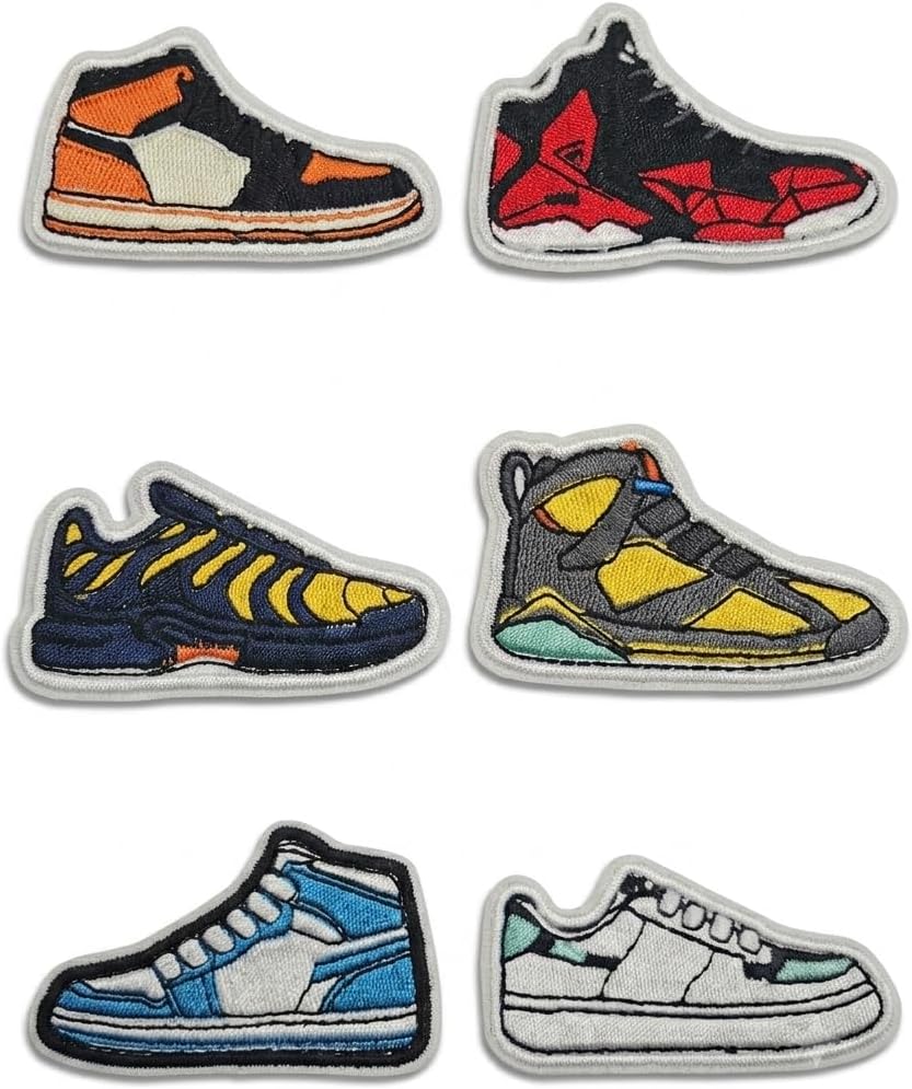 6 PCS Sneakers Embroidered Iron-On Patches Set, for Jackets, Hats & Bags