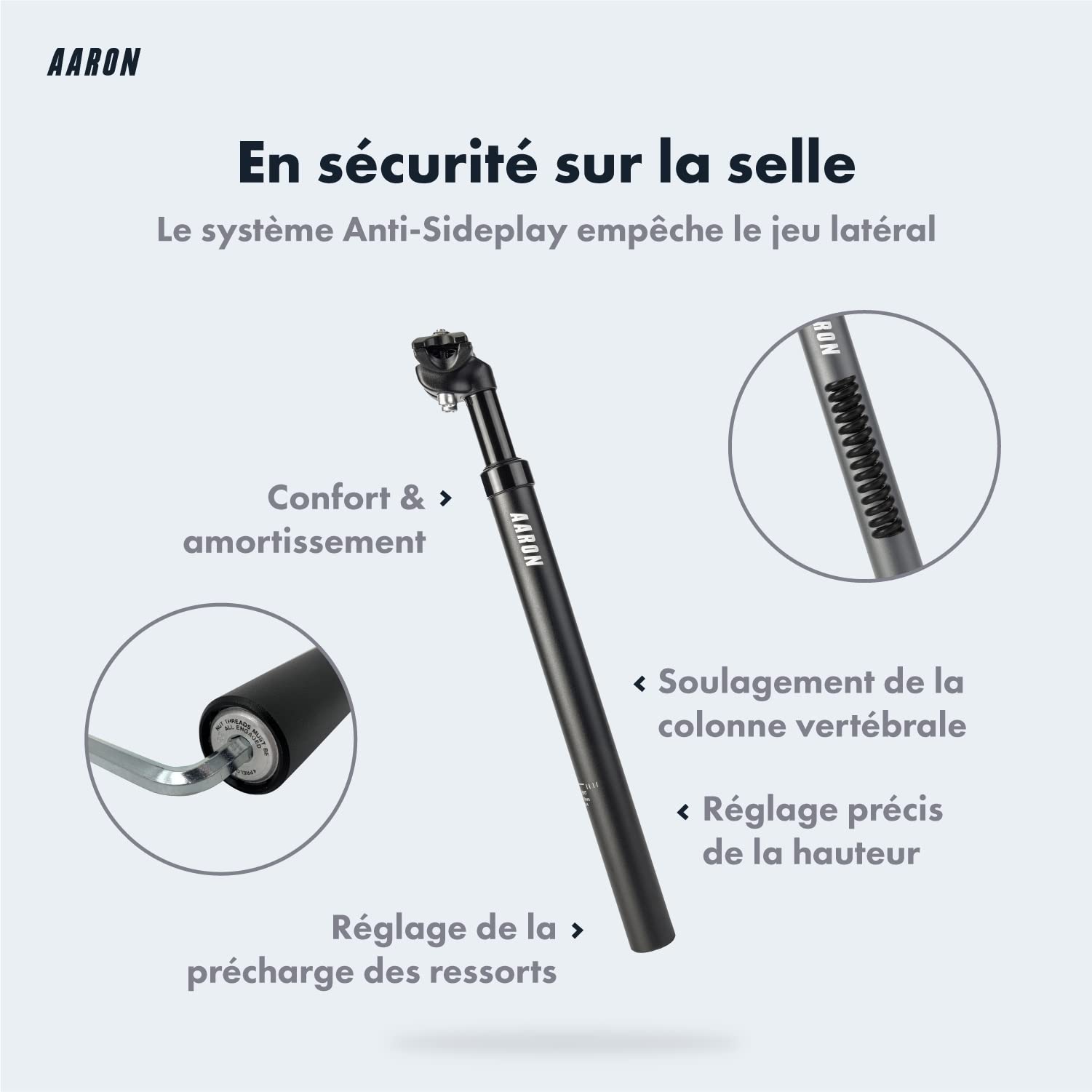 AARON - Tige de Selle de vélo Suspendue à Ressort - Aluminium - pour vélo électrique/VTT/VTC/vélo de Ville/Autre - Noir - diamètre 27,2mm, 30,9mm, 31,6mm / Longueur 350 mm