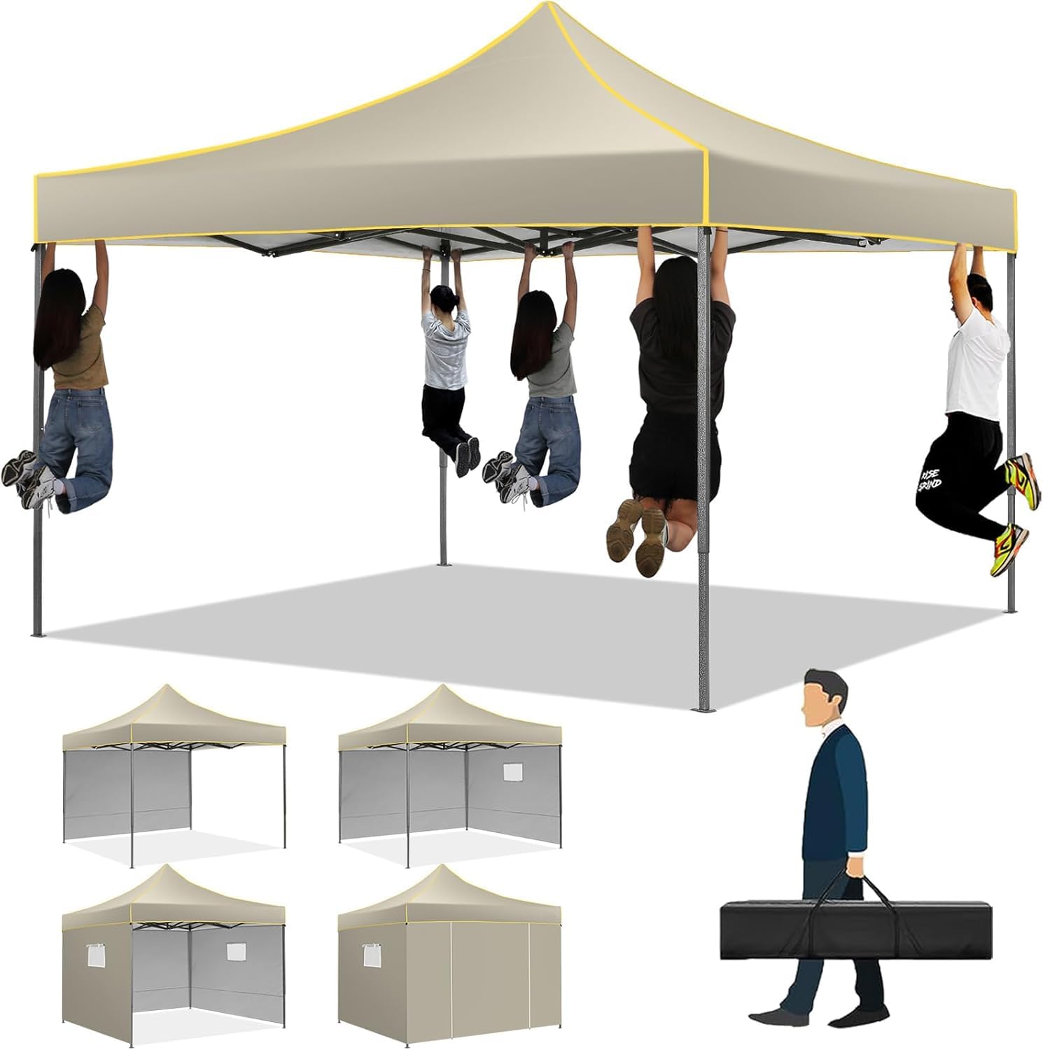 cobizi 10x10 ft heavy duty pop up canopy with 4 removable sidewalls, canopy tent with portable bag, pop up tent commercial gazebo waterproof sunshade for all weather party camp stall patio,khaki