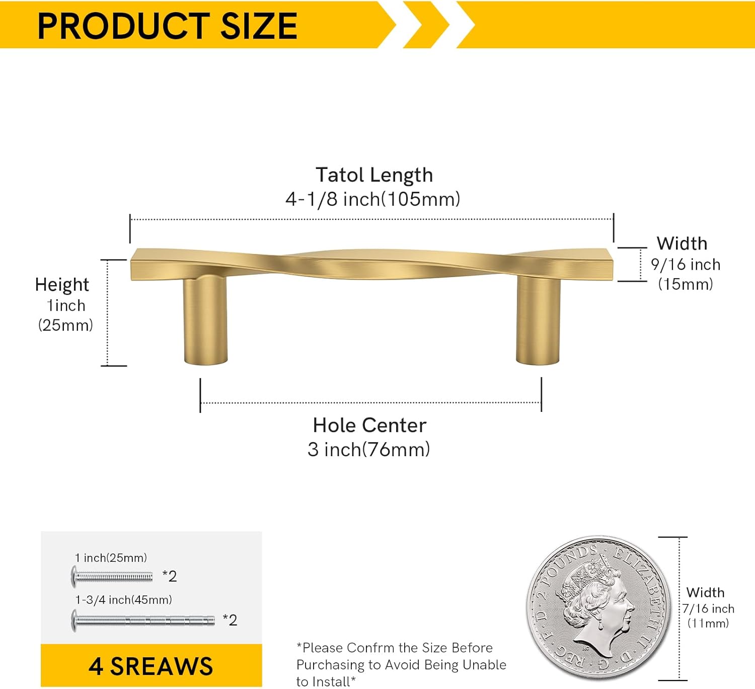 Rergy 10 Pack Gold Drawer Pulls Brushed Brass Cabinet Pulls 3 Inch (76mm) Hole Centers Kitchen Hardware