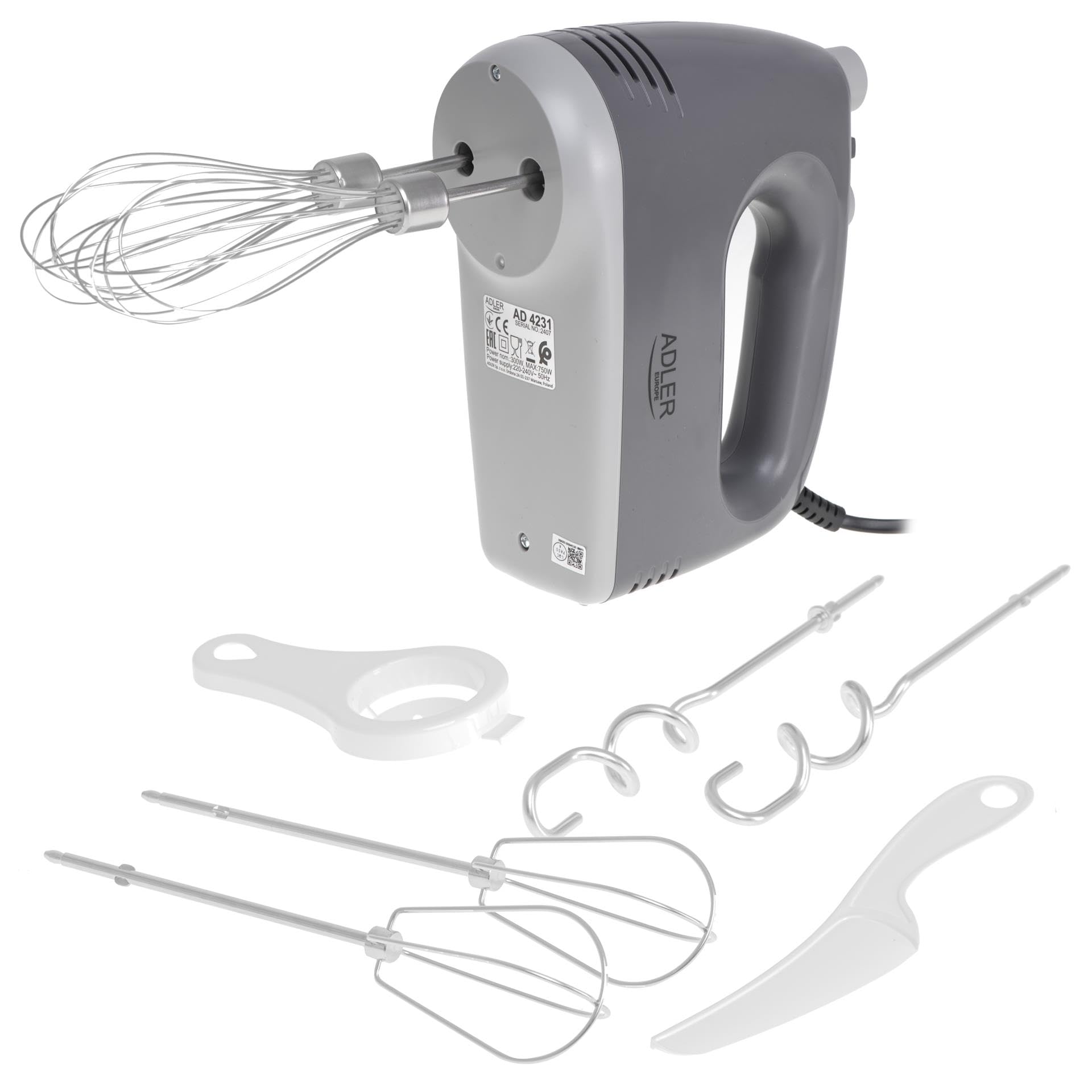 Adler AD 4231 Mixeur plongeant 750 W, 5 vitesses et fonction turbo, embouts en acier inoxydable de 21 cm, séparateur de jaunes d'œufs, pelle