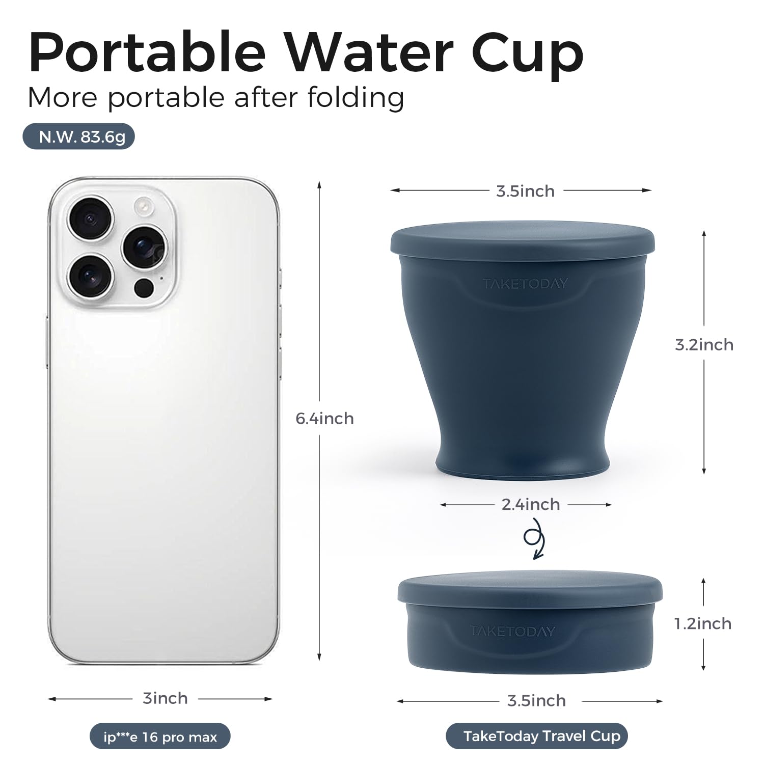 TakeToday Vaso plegable de 8 onzas, plegable con tapa para viajes, azul