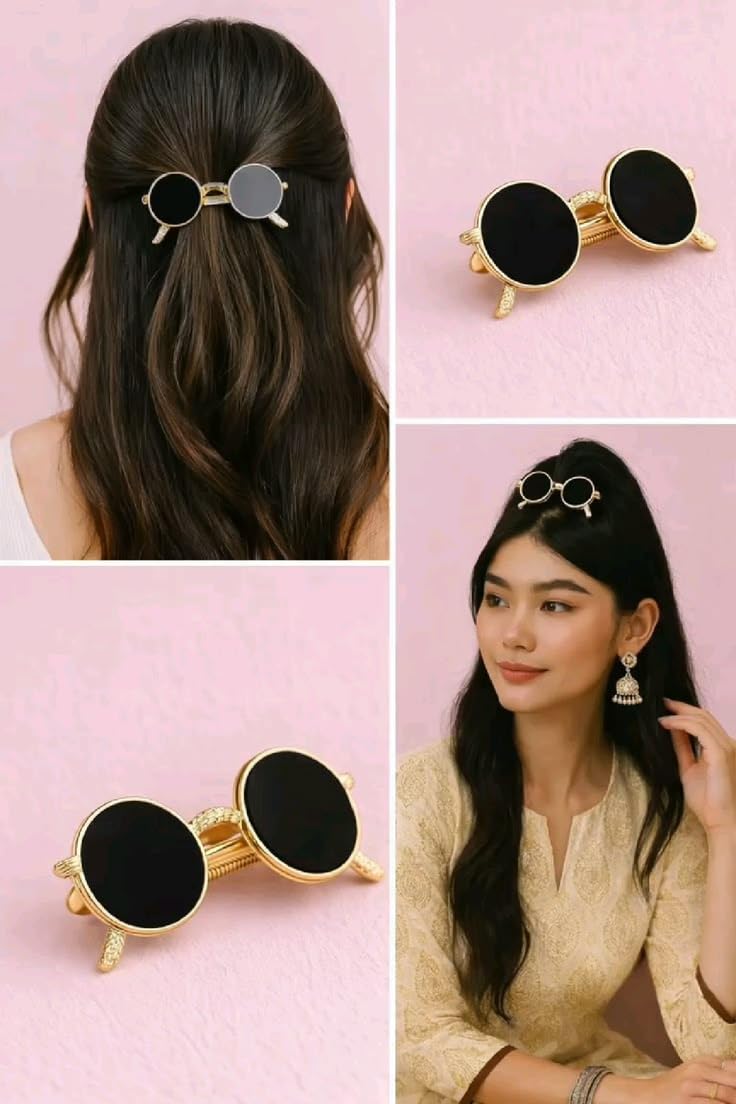 APOLLINE INDIA® Retro Sunglasses Hair Clip – Quirky Hair Accessory for Teens & Women –Trendy Metal Frame Black Round Shape Sunglasses Hairpin Hair Barrette (Gold, Pack of 1pcs) 3