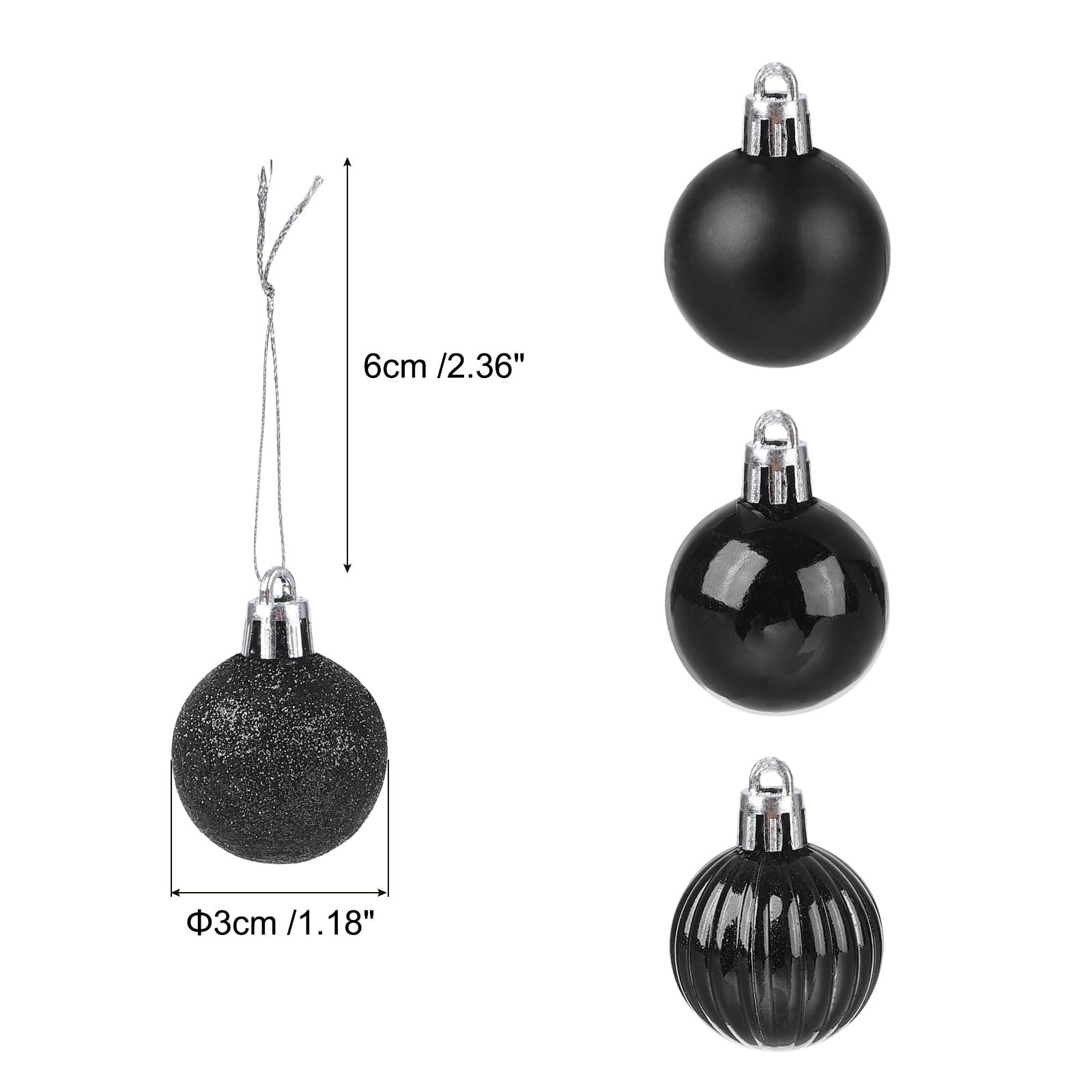 uxcell 24Pcs Black 1.18" Christmas Balls Ornaments Shatterproof Ornaments Hanging Baubles for Xmas Trees Wedding, Party Decorations - Image 2