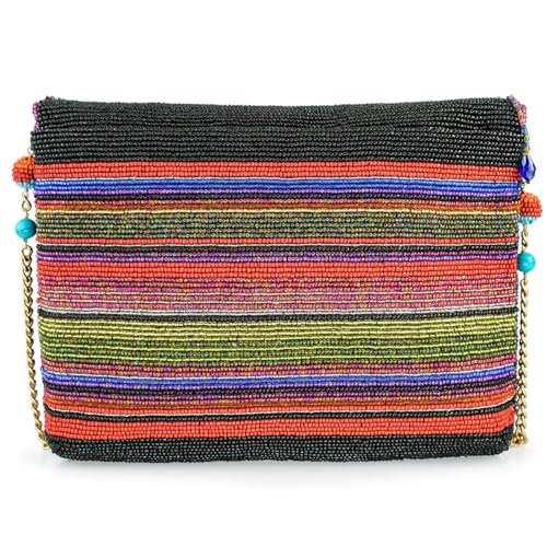 Mary Frances Fiesta Flair Beaded Crossbody Handbag Sugar Skull Clutch Colorful Vegan Novelty Bag with Removable Chain Strap, Black2