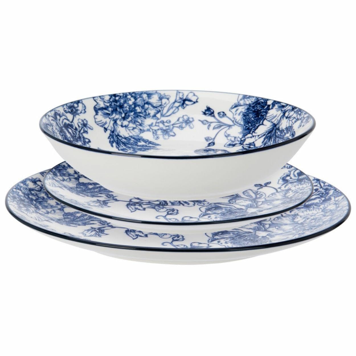 Set di piatti da tavola per 6 persone, 18 pezzi, in porcellana, blu con motivo floreale Ess Dessert classico