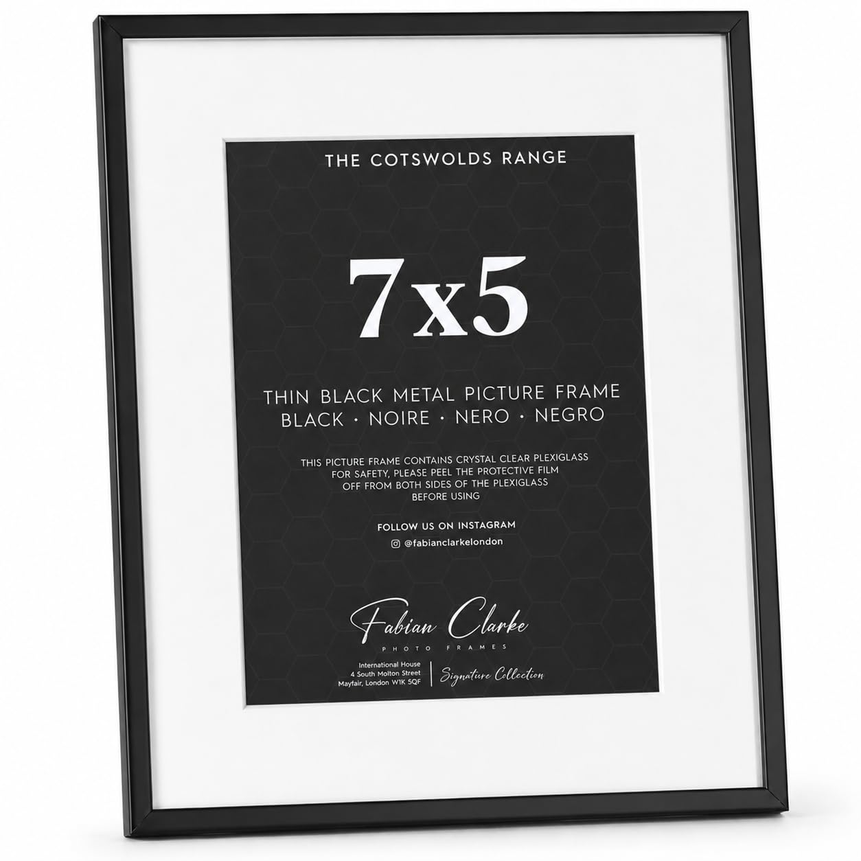 Fabian Clarke Cotswolds Thin Black Metal Picture Frame with White Mount, Shatterproof Plexiglass, Freestanding & Wall Mounted Photo Frame, Modern Picture Frame (7x5)