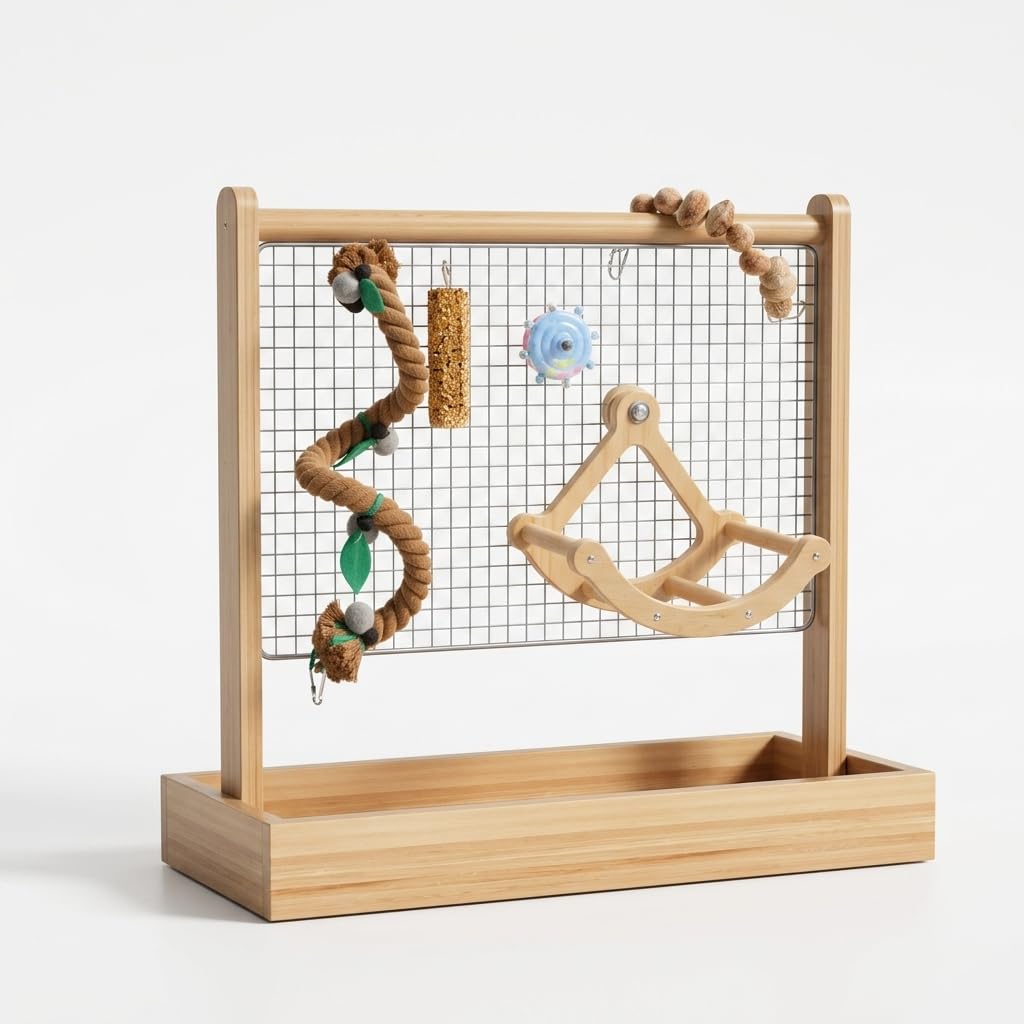 Aire Jeux Oiseaux Bois Bureau, Éléments métalliques, Support Jeu Bureau, Interaction avec l'oiseau, pour Familles avec Oiseaux, Style to 3