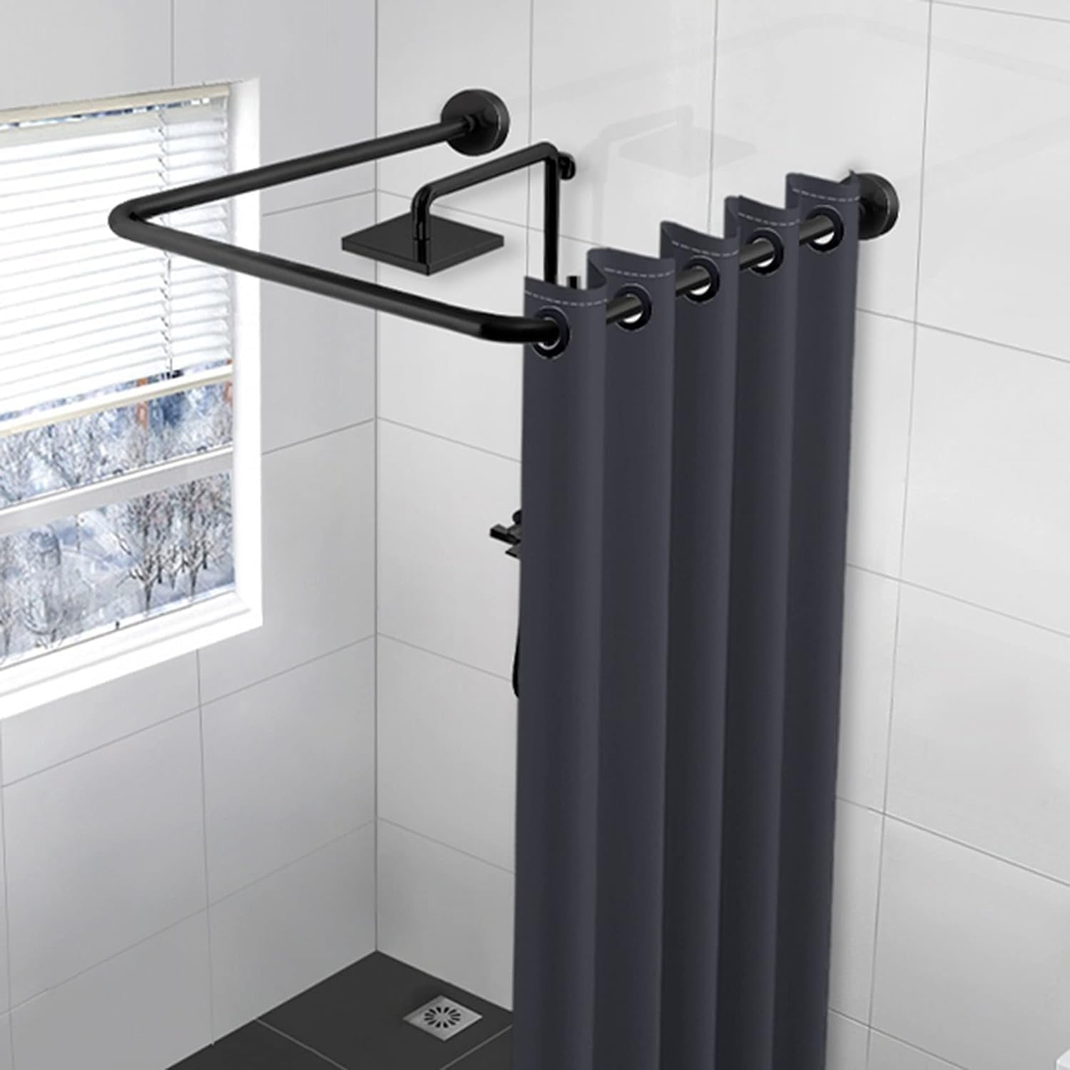Shower Curtain Rod, L-shaped Shower Curtain Rod，Shower Curtain Rod U Shaped Shower Curtain Rail, Stainless Steel Adjustable Shower Curtain Pole Extendable, No Drill Rustproof Corner Shower Curtain Rod