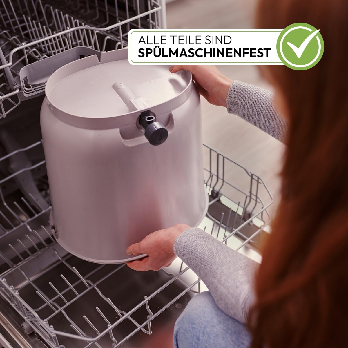 Skaza Bokashi Essential Biomülleimer Küche Set (2 x 15,3 Liter) + Base – Komposteimer Küche und Garten aus recyceltem Kunststoff – Starter Set + incl. 1 kg Fermentation Starter (Hellgrau)