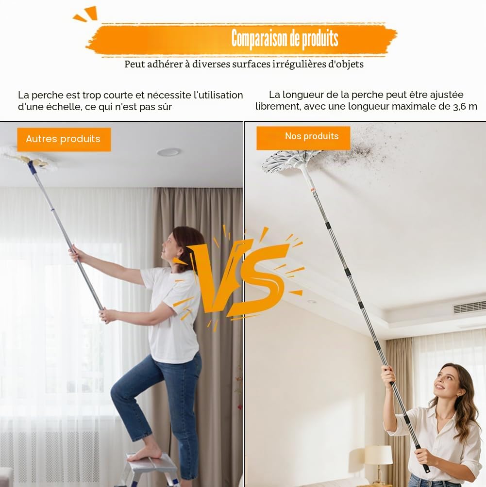 Tige Télescopique 3,6 m, Rouleau de Peinture, Rallonge en Acier Inoxydable Légère, 9 Sections Extensibles pour Peinture, Nettoyage de Fenêtres, Gouttière, Adaptateur Conique, Filetage Spiralé