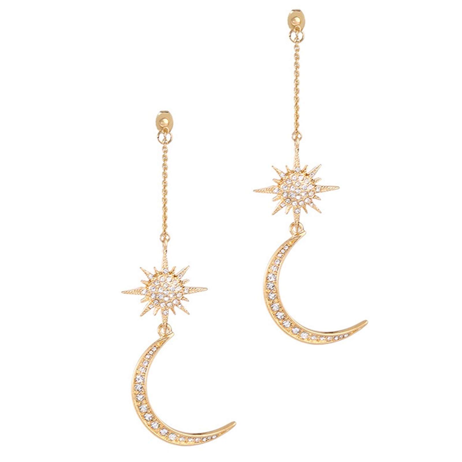 Boucles d'oreilles pendantes bohèmes en forme de lune et d'étoile asymétriques en cristal lune et soleil goutte - Longues boucles d'oreilles rétro exquises style punk accessoires bijoux pour