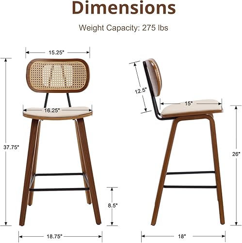Miniatura 2 de HEAH-YO Juego de 2 taburetes de ratán de 26 pulgadas de altura de mostrador con respaldos y patas de madera, moderno taburete de ratán de piel