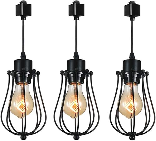 Miniatura 30 de Kiven H-System - Lámpara colgante de pista, estilo retro, diseño de loft vintage, lámpara de techo colgante de jaula de cesta negra, accesorio de 3