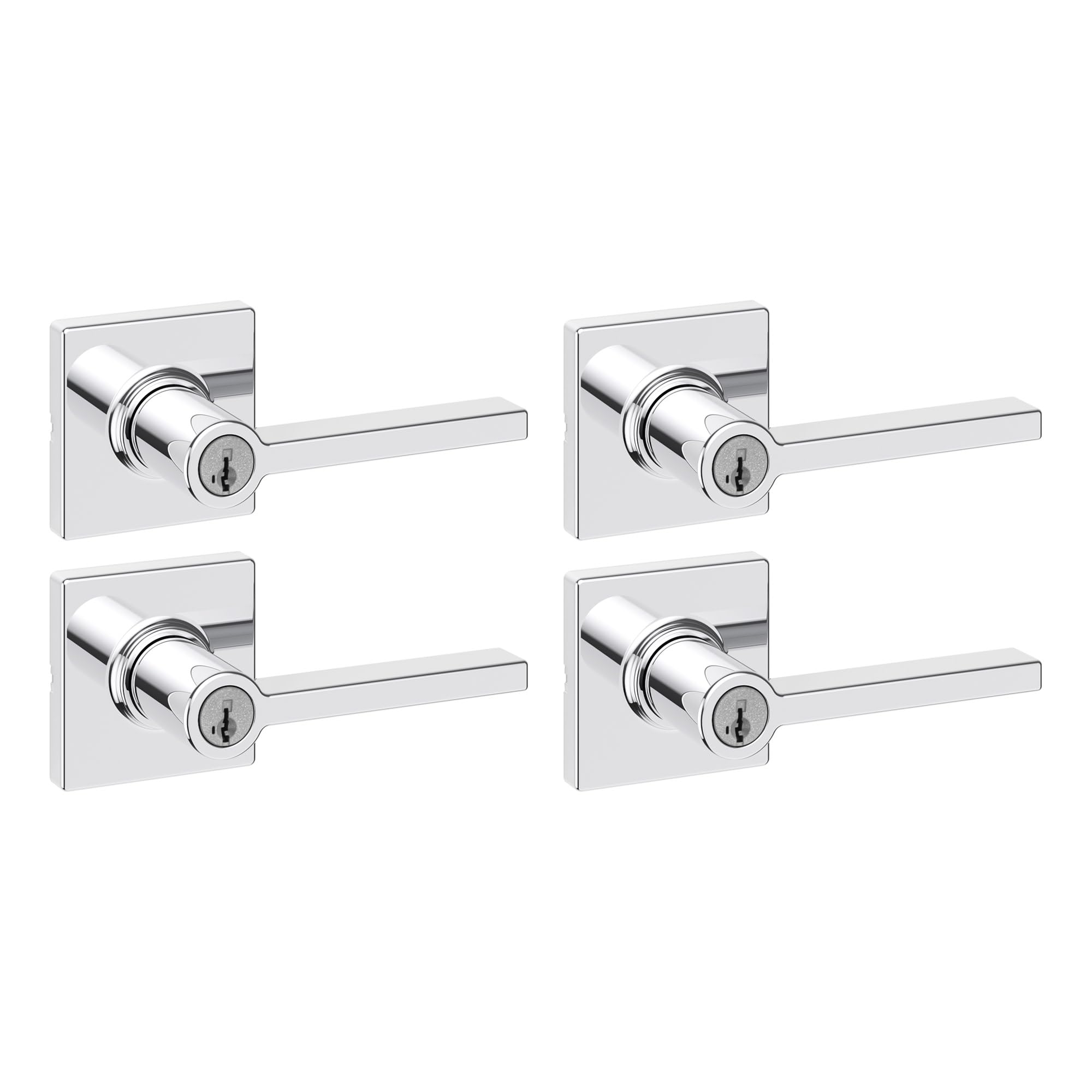 Kwikset Casey Entry Door Handle with Lock and Key, Secure Keyed Reversible Lever Exterior, for Front Entrance and Bedrooms, Polished Chrome, 4 Pack, Pick Resistant SmartKey Rekey Security