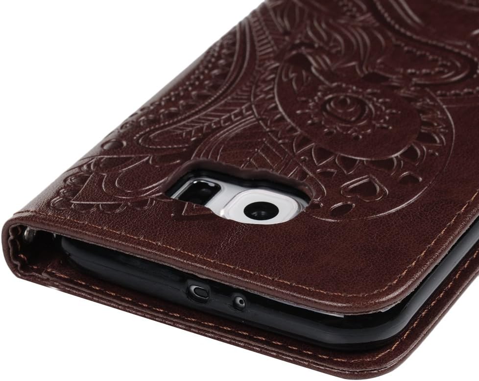 Badalink Galaxy S6 Case,Samsung Galaxy S6 Case - Wallet Flip Stand Case Embossed Plants PU Leather Case Shockproof Soft TPU Inner Bumper Slim Protective Card Slots Wrist Strap Cover Brown