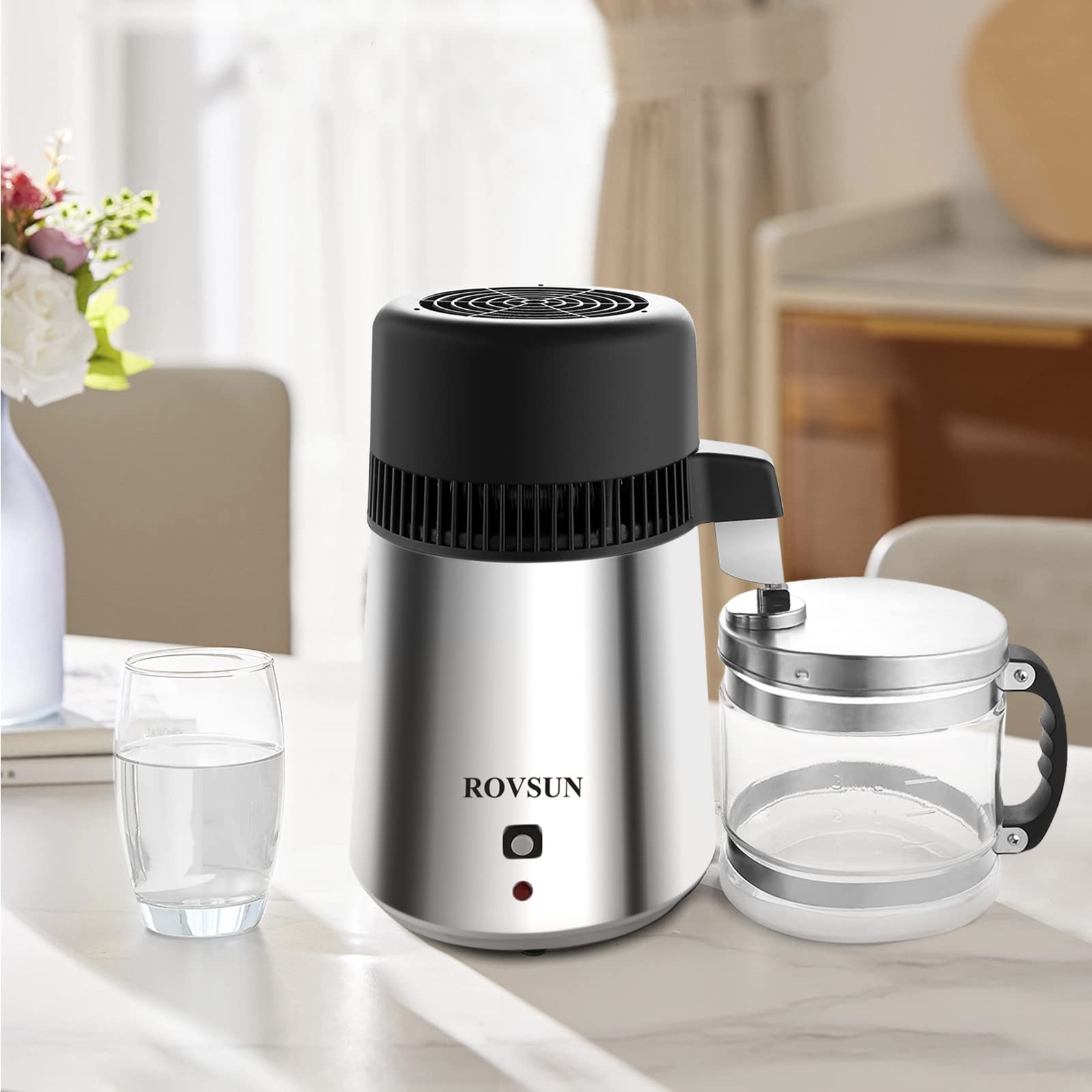 ROVSUN Destilador de agua de acero inoxidable de 4 litros, purificador de agua con destilación, 750 W, sobre encimera, para hogar y oficina