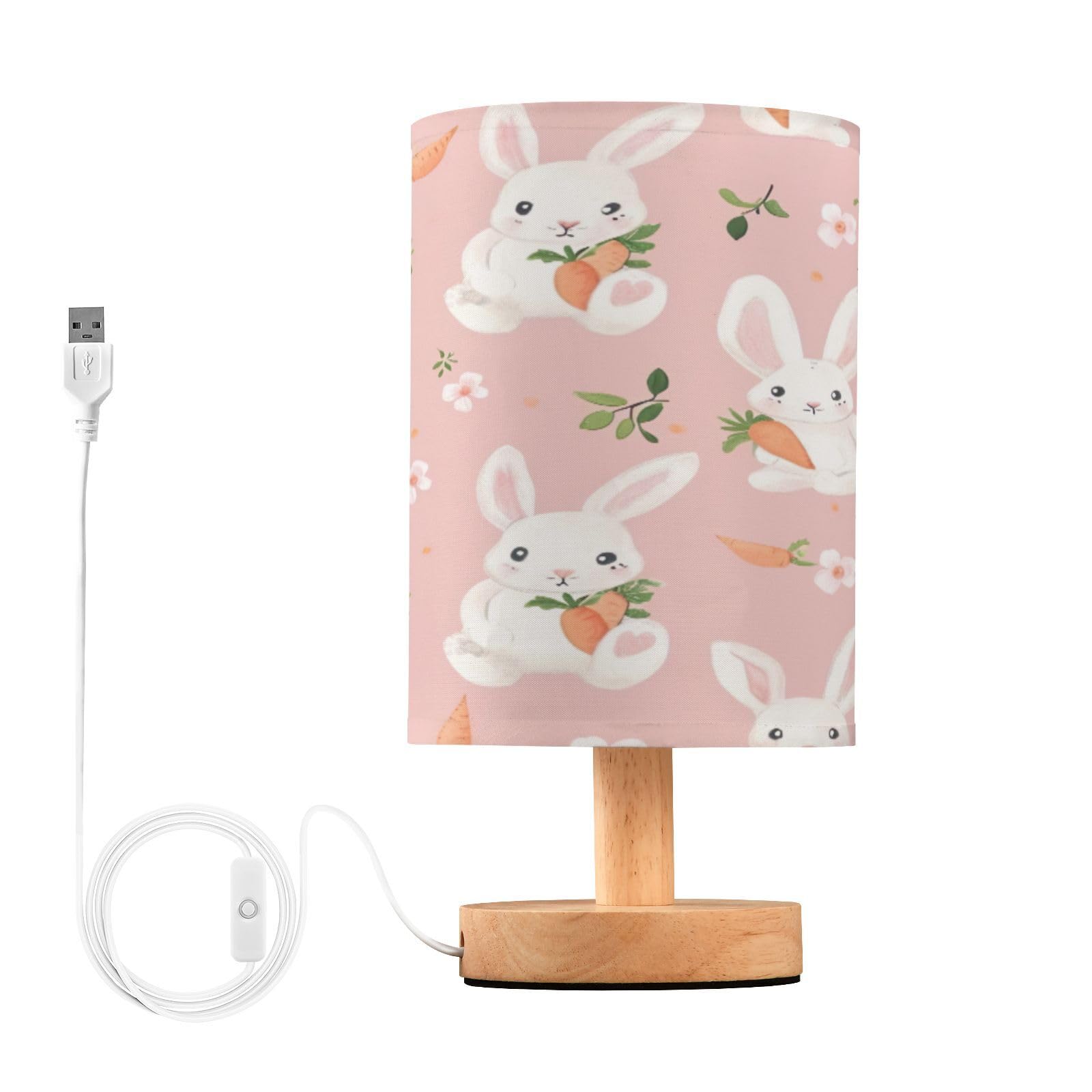 SDMKA Cute Bunnies with Carrots Bedside Table Lamp for Bedroom, Minimalist Nightstand Lamp with Round Fabric Shade for Living Room, Office, No Bulb Required