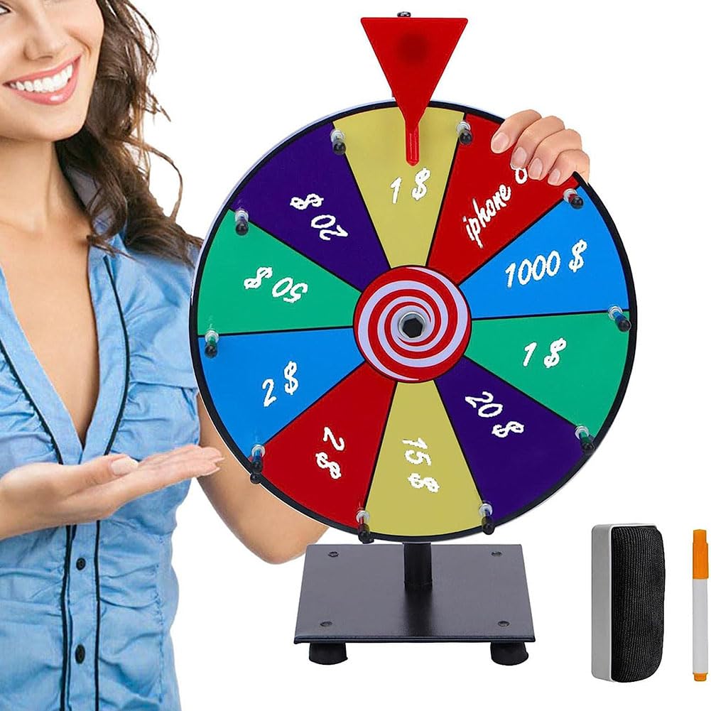 12-Zoll-Lotterie-Glücksspiel-Drehteller, drehendes Gewinnrad mit trocken abwischbarem Marker und Radiergummi, 10 Steckplätze, robustes, bearbeitbares Drehrad für Glücksdrehspiele, Karneval, Messen A