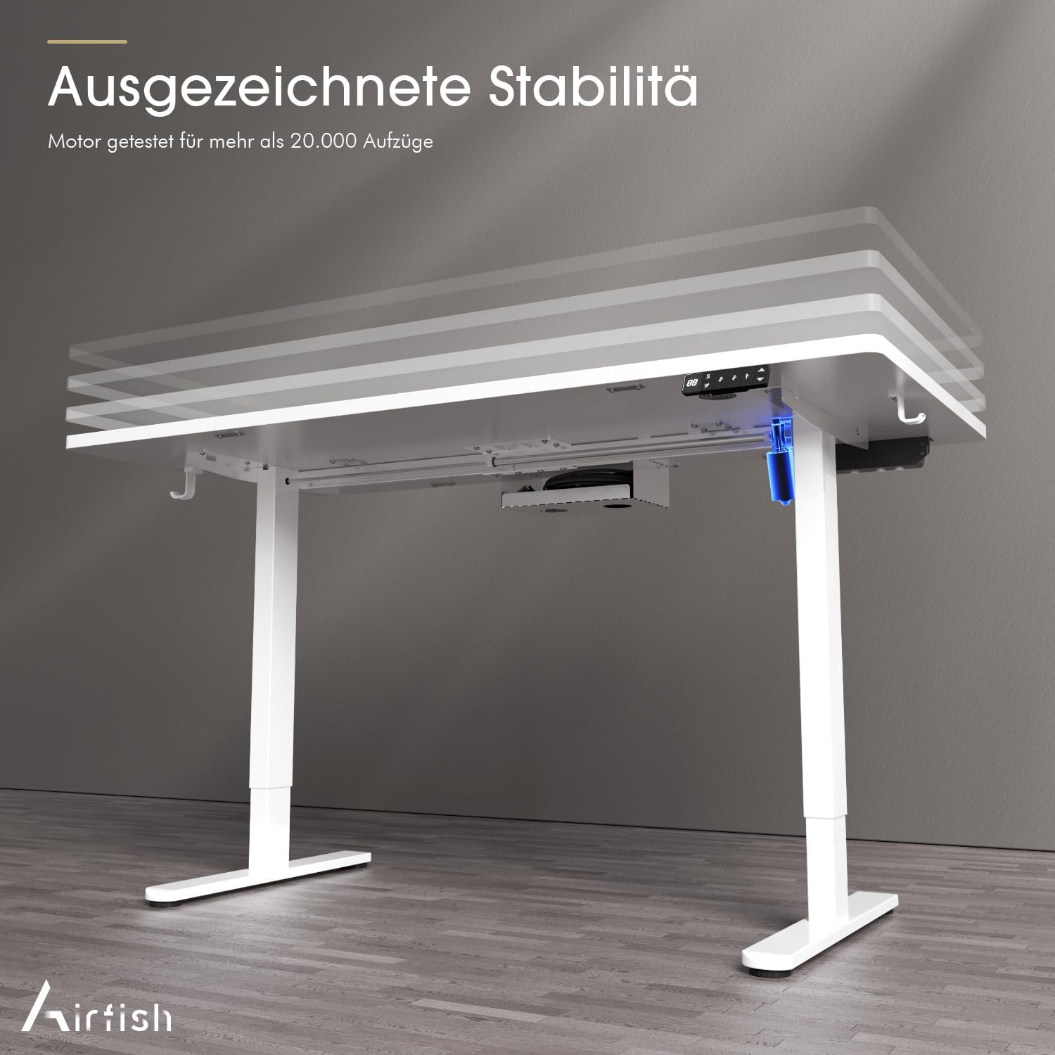 Airfish Höhenverstellbarer Schreibtisch 160x80cm mit Kabelloser Ladestation | Computertisch Elektrisch Stehtisch mit Steckdose & 3-Funktions-Memory und Funktion zur Ermüdungs-Erinnerung, Weiß