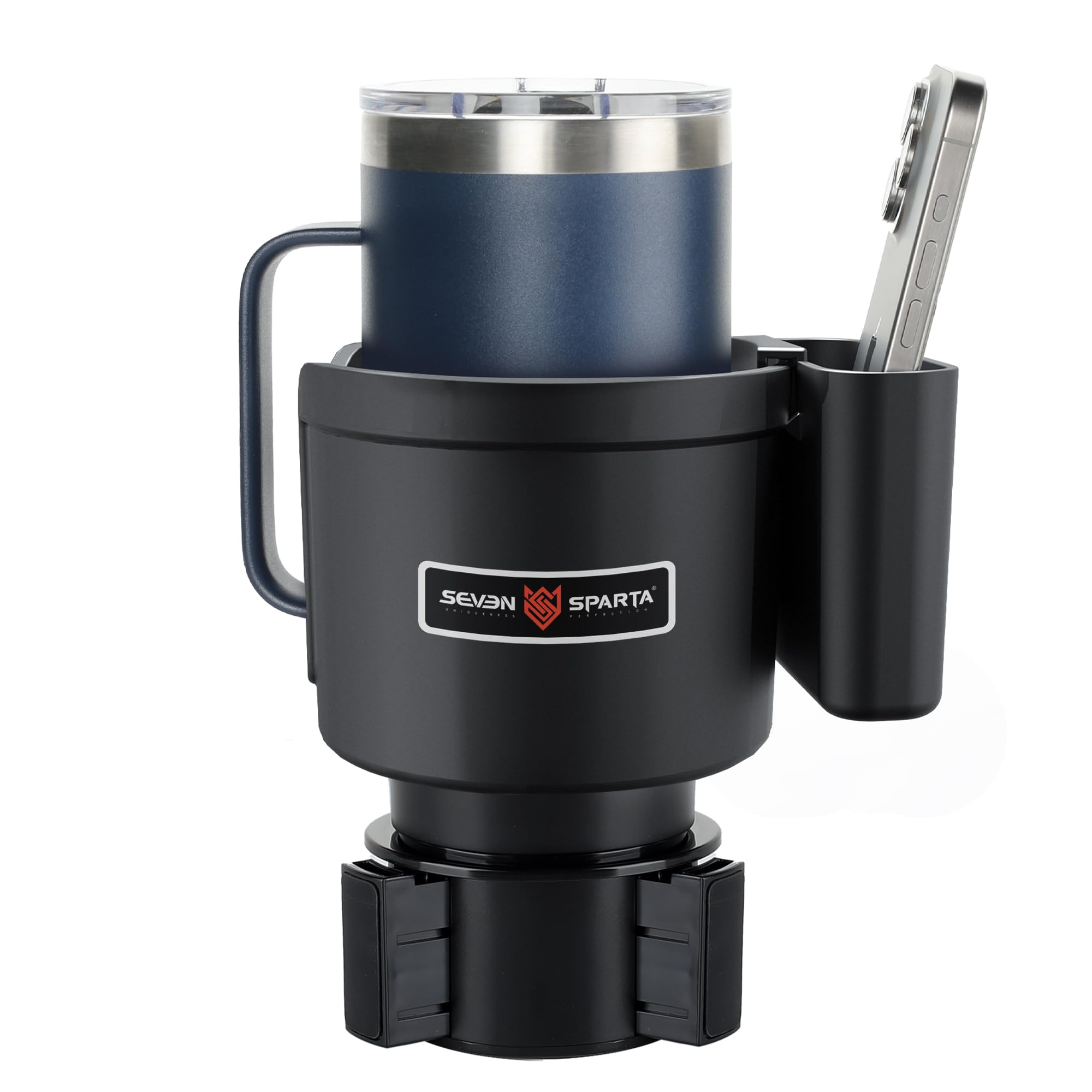 Seven Sparta Cup Holder Expander with Phone Holder & Cable Access, 3-in-1 Car Organizer, Side Storage Box for Phone/Cards, Compatible with Yeti, Owala