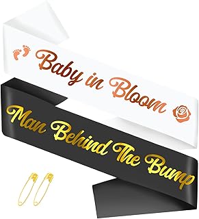 2 Pcs Mom to be & Dad to be Baby Shower Sash, White Baby in Bloom Sash and Black Man Behind the Bump Sash (Custom- Lengthened) for Gender Reveal Decorations, Idea Gifts for Baby Shower