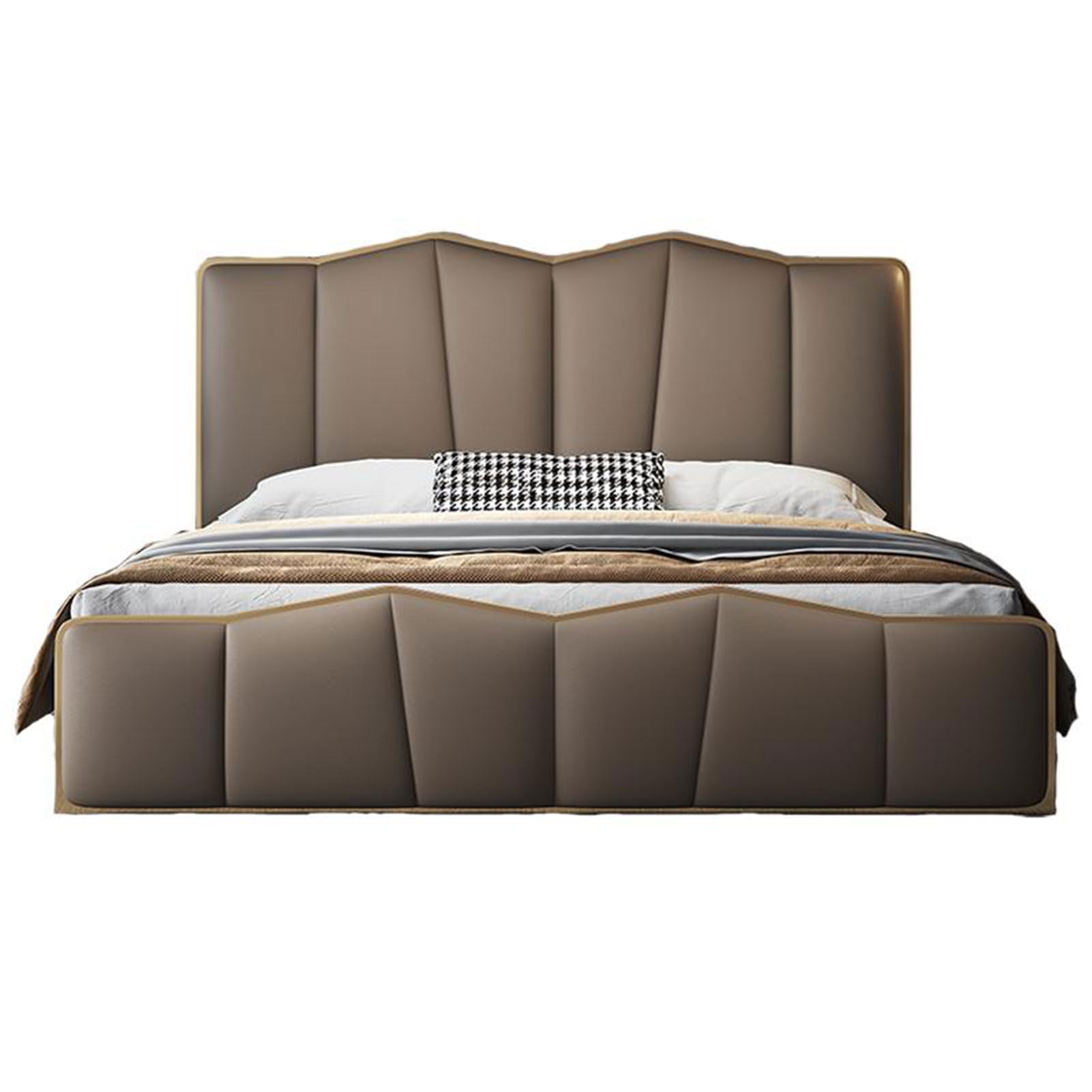 Modern Genuine Leather Bed King Size Upholstered Platform Bed Frame with Wingback Headboard and Lift Up Storage Strong