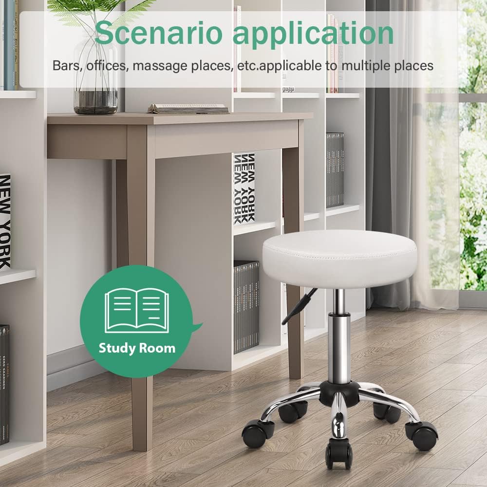 FURWOO Adjustable Salon Chair Small Rolling Stool with Wheels for Spa Salon Massage Home Office White