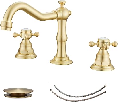 Antique Brass Bathroom Faucet for Sink 3 Hole 8 Inch Widespread Farmhouse Lavatory Vanity with Pop Up Drain with Overflow High Arc 2 Handle Vintage