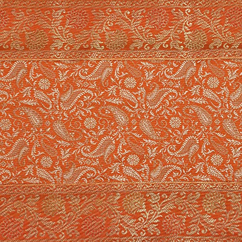 Image of E-EZRA Room Decor Banarasi Silk Handmade Flower V Shape Table Runner Dinning & Centre Table Long Runner Bed Runner Gold Tassels End Size 14 X 80 inches (Orange)
