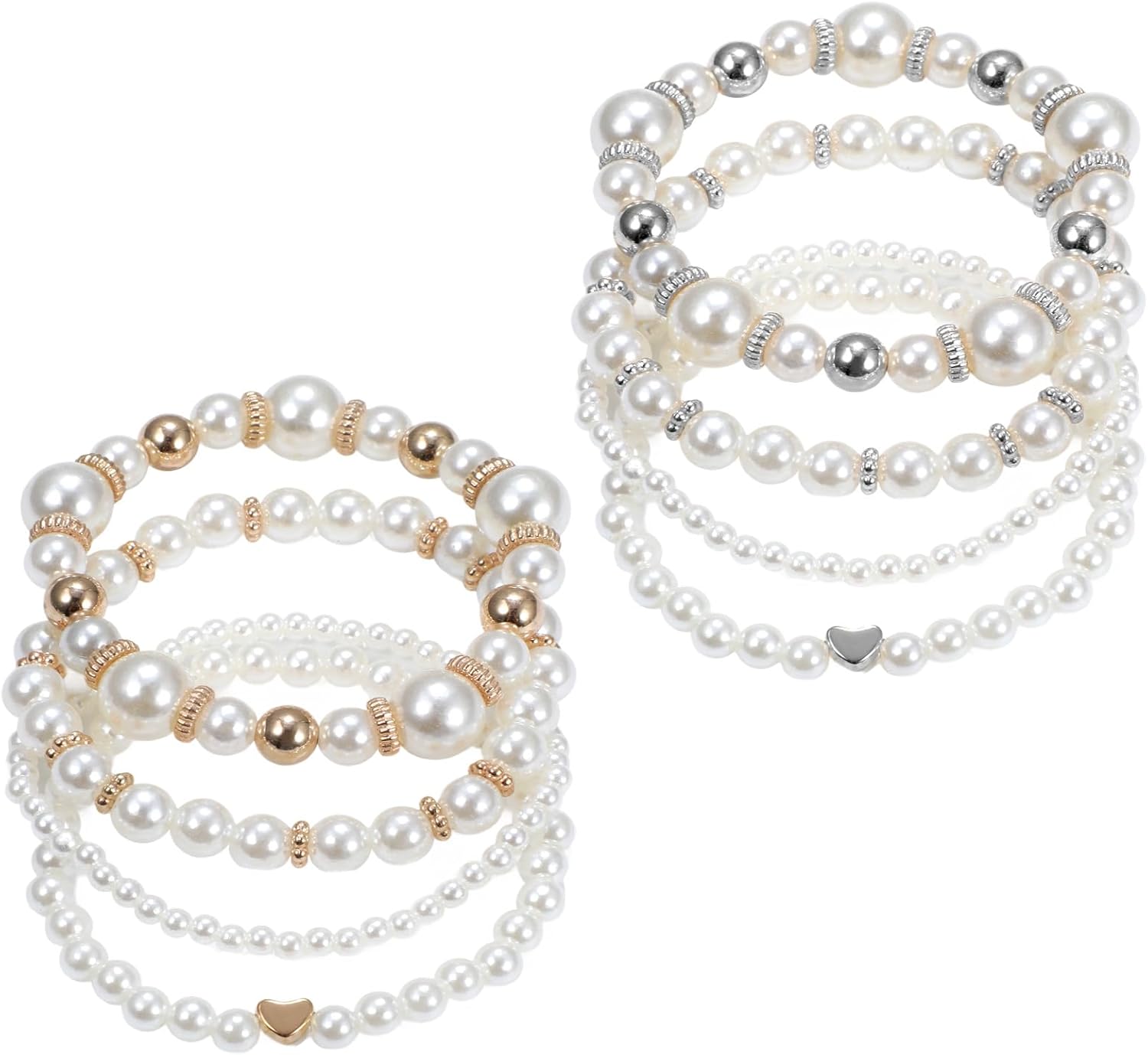Pearl Bracelets for Women Chunky Simulated Pearl Beaded Bracelet White Pearls Stackable Stretch Bracelet Set Multilayered Elastic Beaded Pearls Bracelets for Women Bridesmaid Bridal Jewelry (8-Pack)