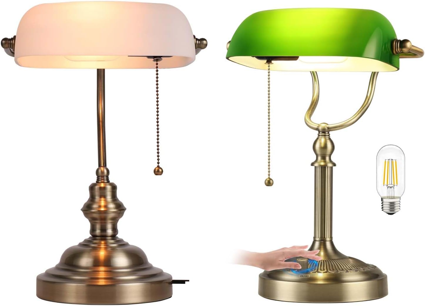 Newrays White Matted Glass Bankers Desk Lamp & Dimmable Green Glass Bankers Desk Lamp