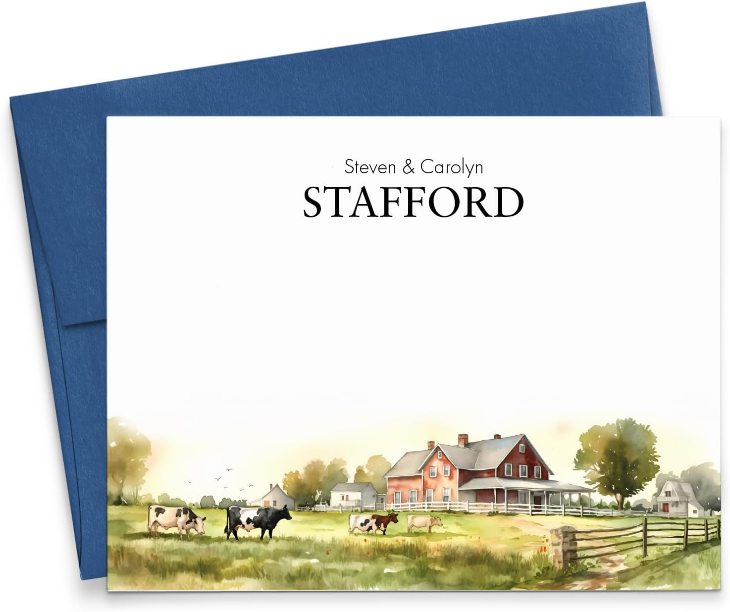 Personalized Stationery for Couples, FOLDED Note Cards With Envelopes, Farmhouse Stationery With Name, Cow Notecards, Watercolor Landscape Cards, Wedding Stationary, Your Choice of Colors and Quantity