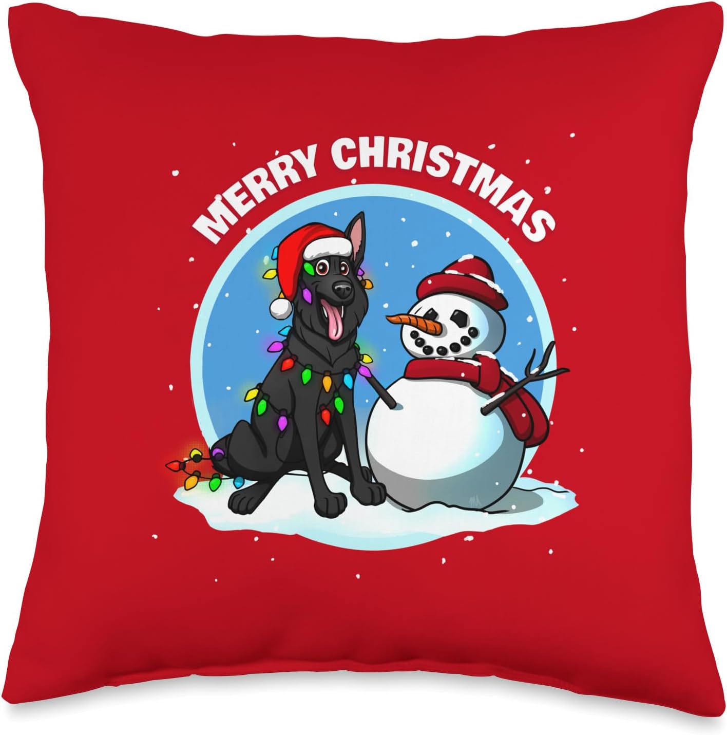 Black German Shepherd Christmas Lights Dog Art on red Throw Pillow